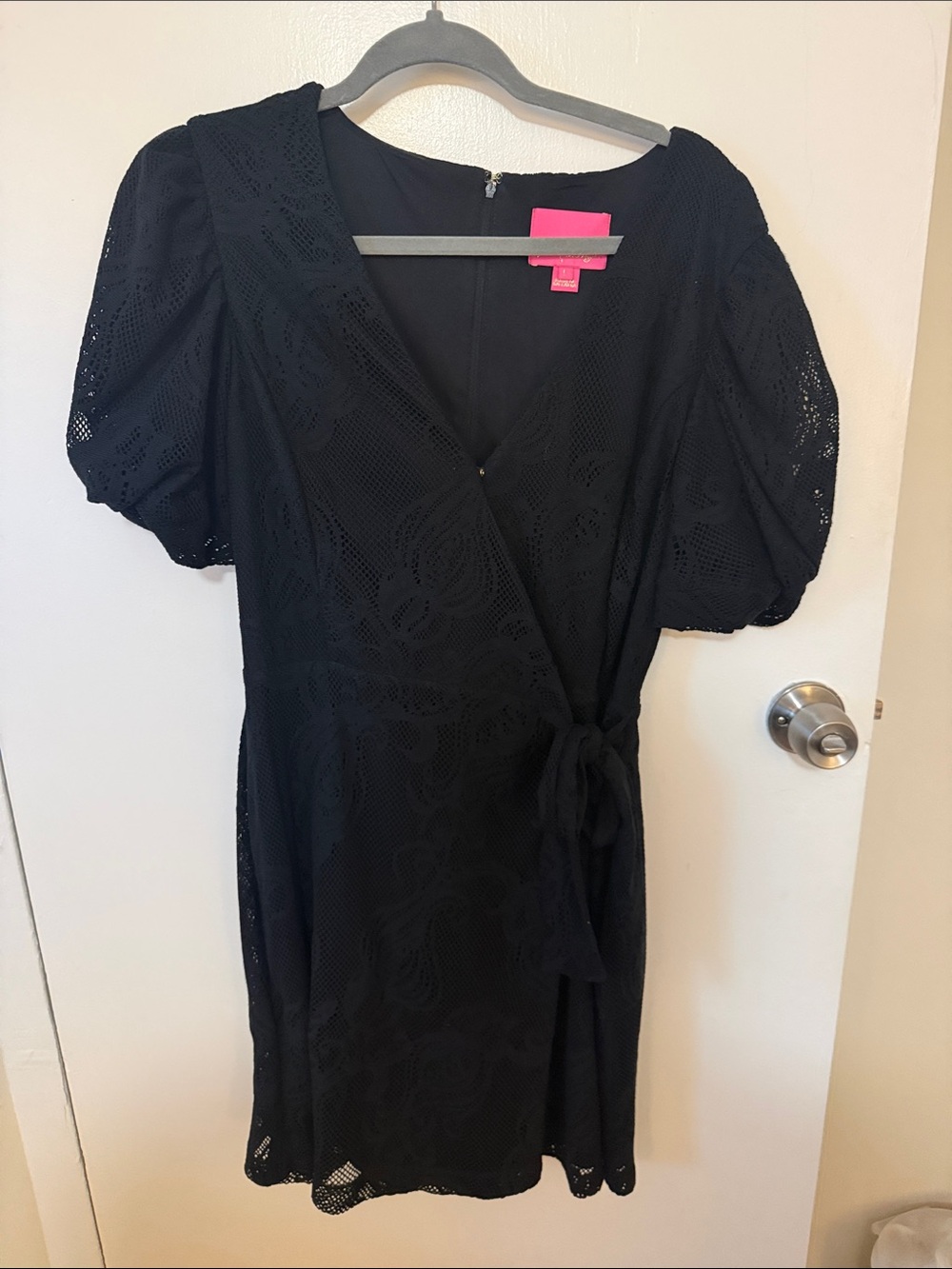 Lilly Pulitzer Black Lace Wrap Romper with Puff Sleeves